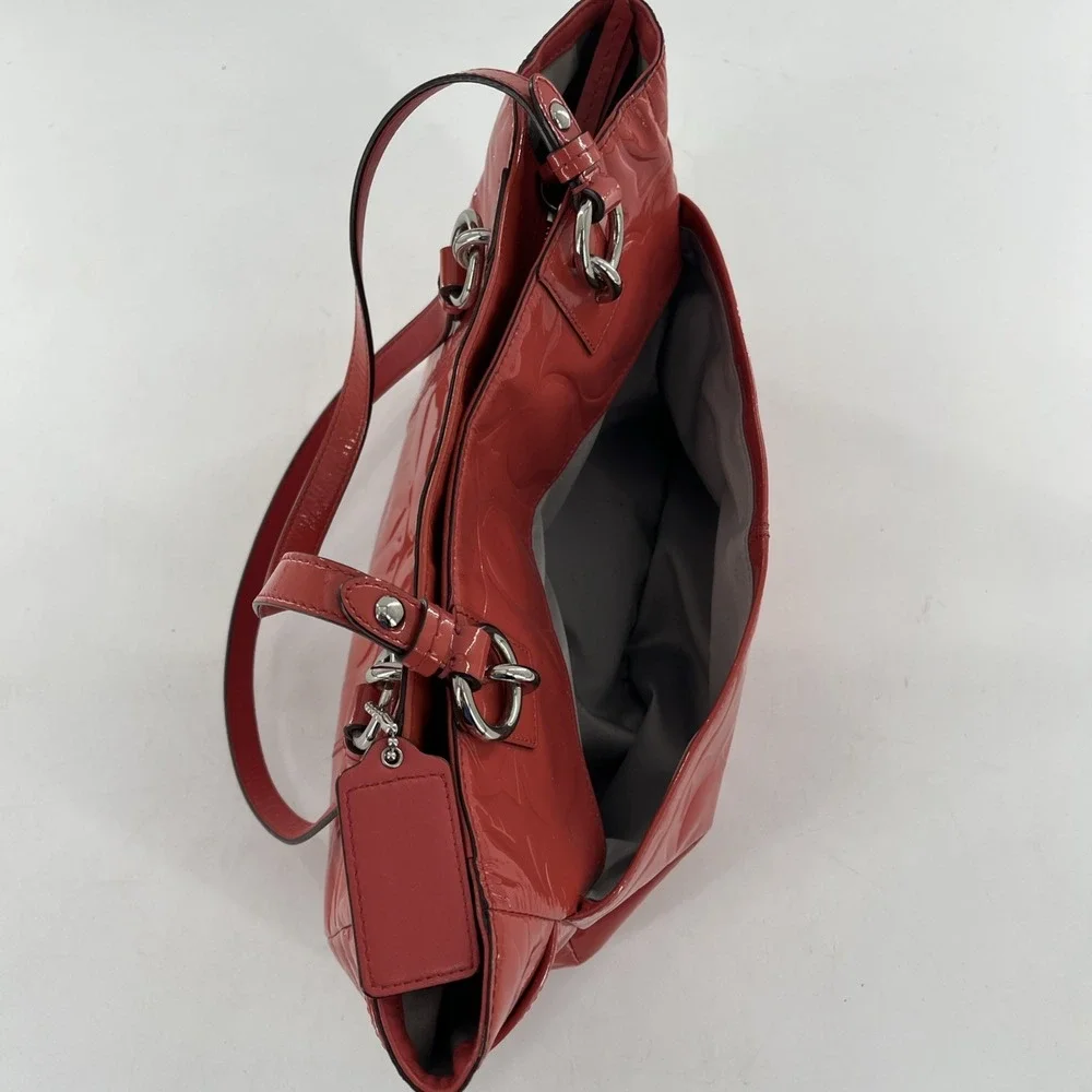 Coach Signature Embossed Patent Leather Coral Orange Satchel Tote Coral Orange
